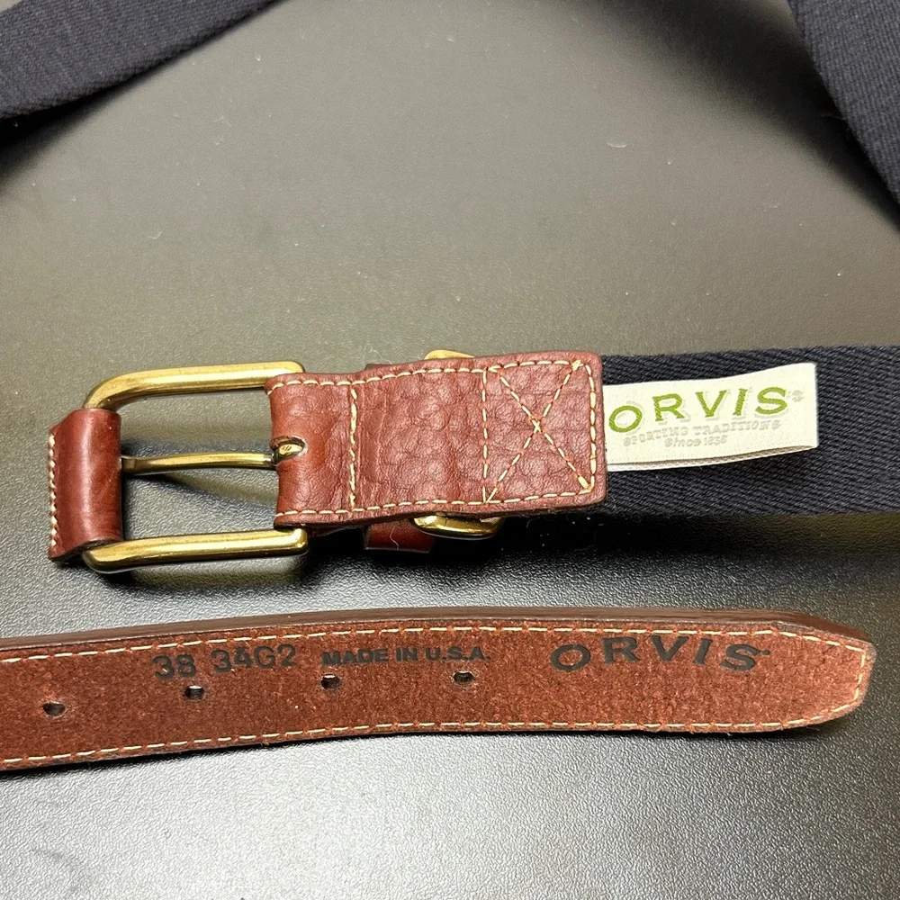Orvis Brown Leather/Black Canvas Single Prong Brass Buckle Size 38 Made in USA‎
